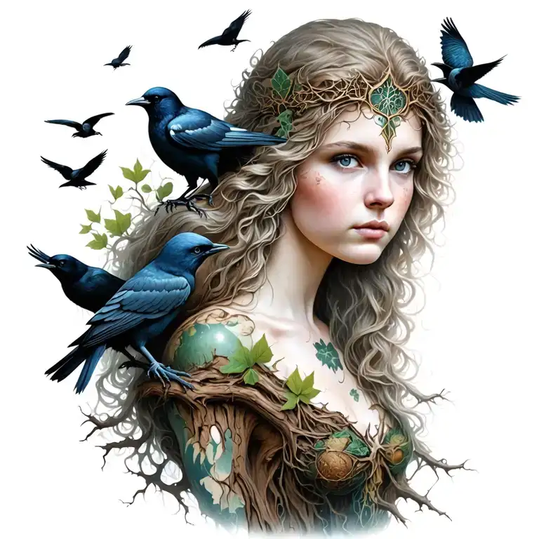 the morrigan Irish goddess with crows an old oak tree growing and bright moonlight tattoo design idea
