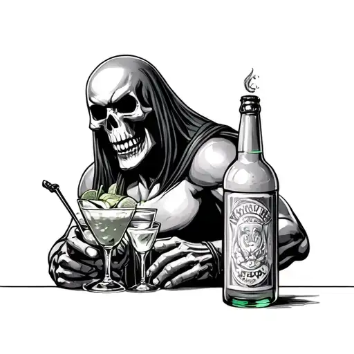 skeletor barman shaker mixing cocktails three bootles tattoo design idea