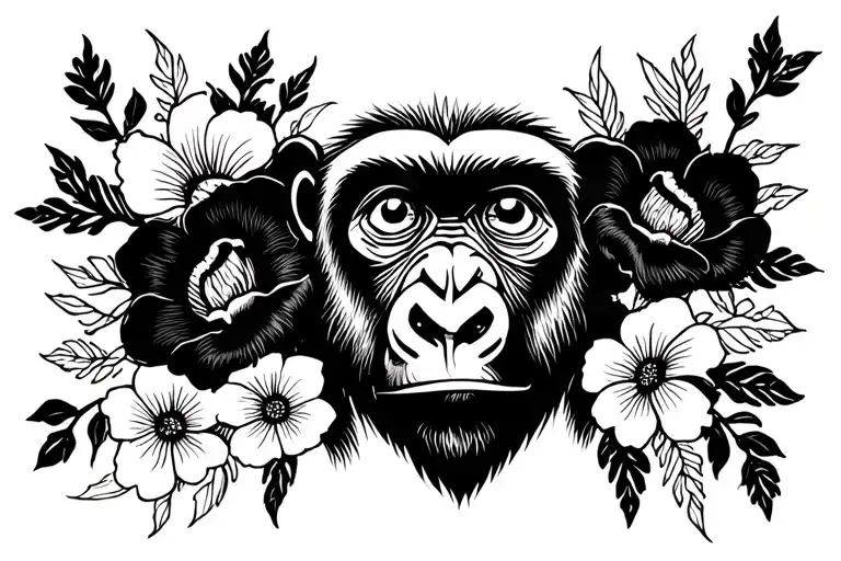 three eyed gorilla with black flowers around it with bold white lines  tattoo design idea