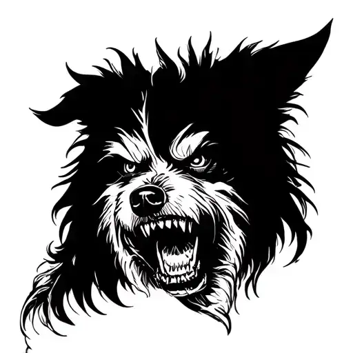A sketch of a tattoo shaggy angry dog ​​with an open mouth and grinning in the Gothic Horror Necrotic style by a half -sided tattoo design idea