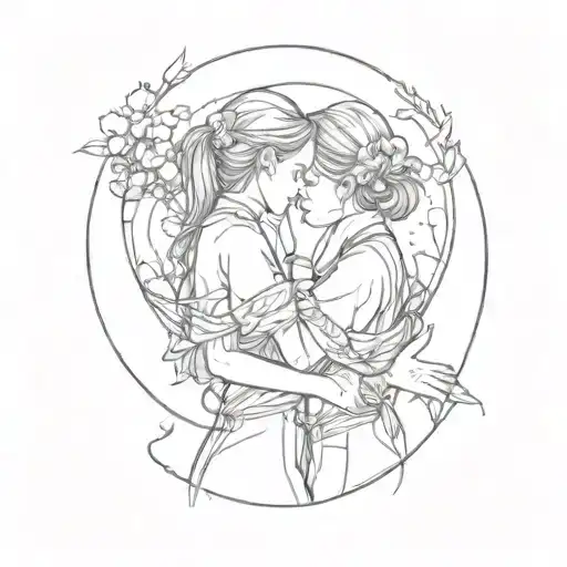 girl hugs her reflection tattoo design idea