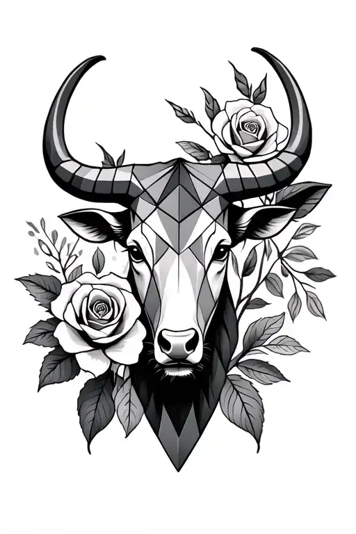 Create me a forearm tattoo that includes a geometric style taurus head, Yorkshire rose, Staffordshire knot, flowers from tattoo design idea