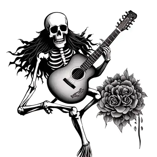 gipsy skeleton playing a guitar tattoo design idea
