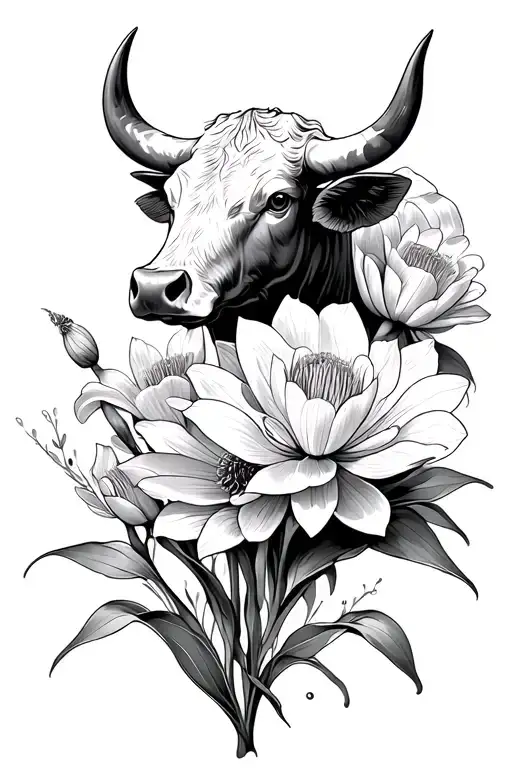 bull with poppy, water Lilly, and narcissus flower tattoo design idea