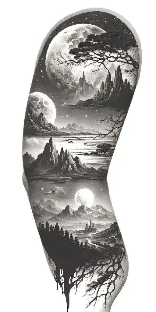 Galaxy landscape with technology tattoo design idea