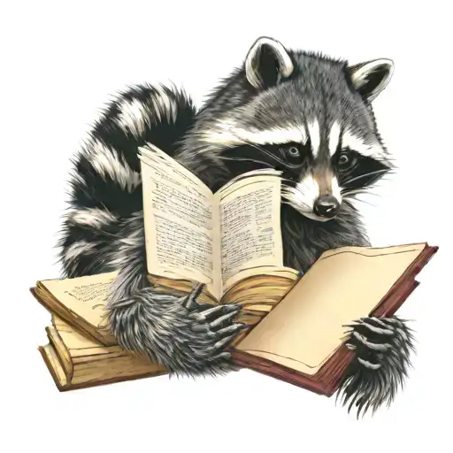 Professional photo of raccoon reading a book in a library photo, close shot tattoo design idea