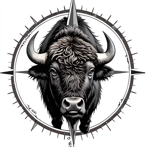 bison framed inside compass tattoo design idea