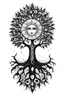 treeoflife with tribal sun tattoo design idea