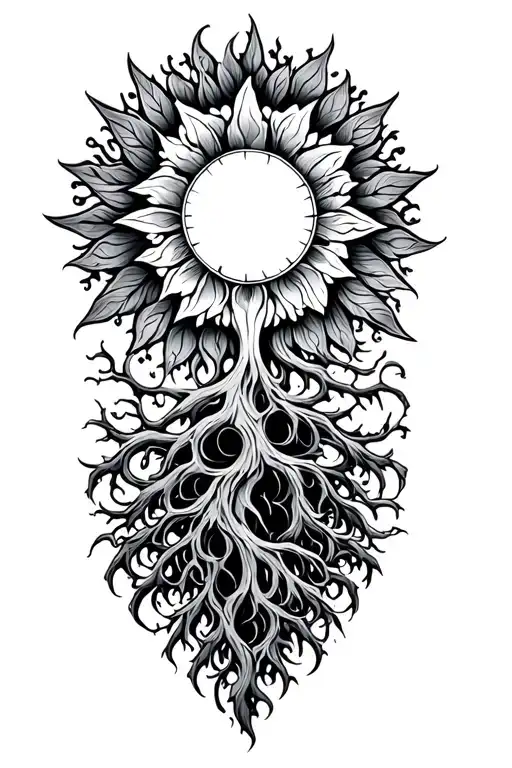 treeoflife with tribal sun tattoo design idea