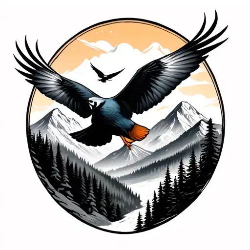 birds flying through mountains and forest with hunter  tattoo design idea