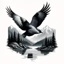 birds flying through mountains and forest with hunter  tattoo design idea
