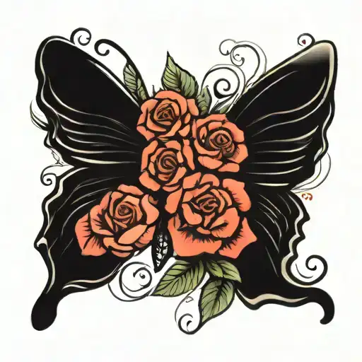 butterfly with one wing made of roses and a halo made out of a name  tattoo design idea