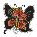 butterfly with one wing made of roses and a halo made out of a name  tattoo design idea