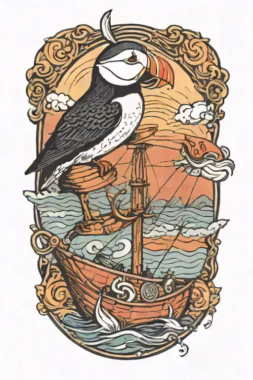 male puffin on a round background with an old scandinavian sailboat  tattoo design idea