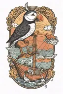 male puffin on a round background with an old scandinavian sailboat  tattoo design idea
