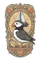 male puffin on a round background with an old scandinavian sailboat  tattoo design idea