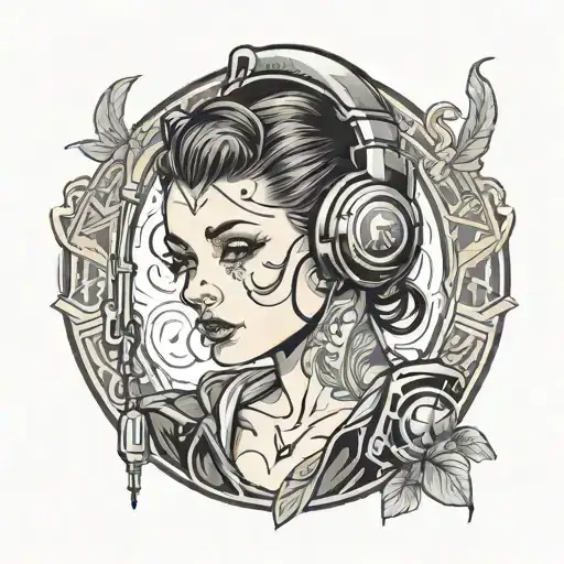 neo trad tattoo of a sexy brunette tattooed girl, gamer type, with a dark academia look, headphones on her ears tattoo design idea