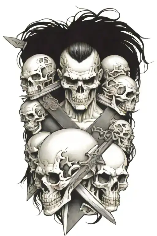 midevil knight with long hair holdiing a sword surround by skulls tattoo design idea