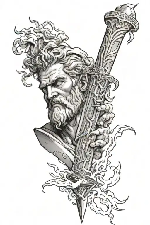 zeus holding a lightning bolt in the shape of a sword tattoo design idea