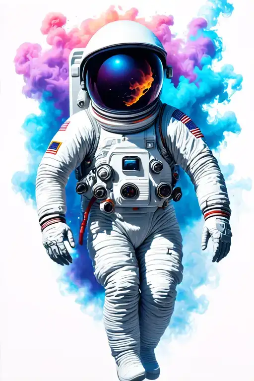 Astronaut in ascending position with smoke or energy color blue, purple and pink emerging from his broken helmet tattoo design idea