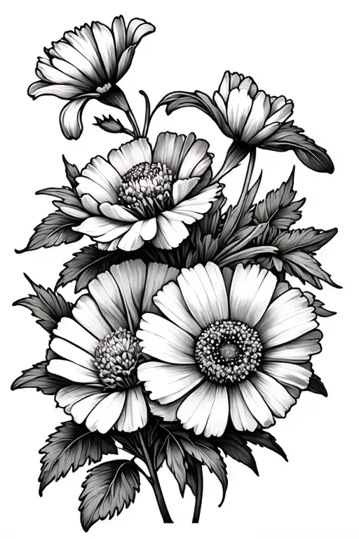 carnation, snowdrop, marigold and cosmos flowers tattoo design idea