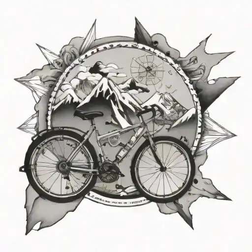 compass card with  mount everest on North, peak of the marins on south and a bike tape tattoo design idea