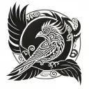 Tribal  bird inside a flash circle with an infinity theme, black and white, no shading, clean lines tattoo design idea