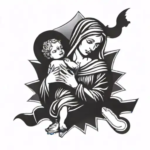 a madonna poisture statue holding her baby from left side, and the banners for the birthday tattoo design idea