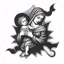 a madonna poisture statue holding her baby from left side, and the banners for the birthday tattoo design idea