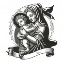 a madonna poisture statue holding her baby from left side, and the banners for the birthday tattoo design idea