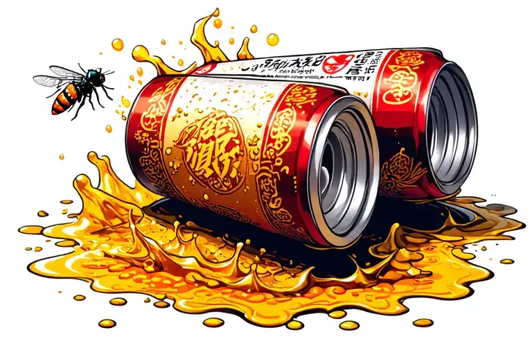 Japanese beer can spilled on it's side with a bacground that looks like the beer has spilled on a rug and a fly buzzing  tattoo design idea