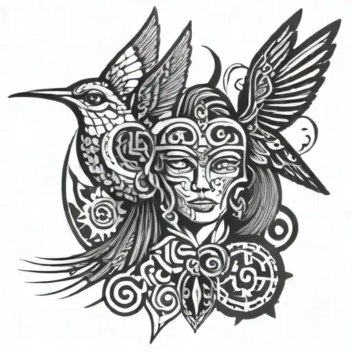 hummingbirds and aztec warrior tattoo design idea