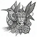 hummingbirds and aztec warrior tattoo design idea