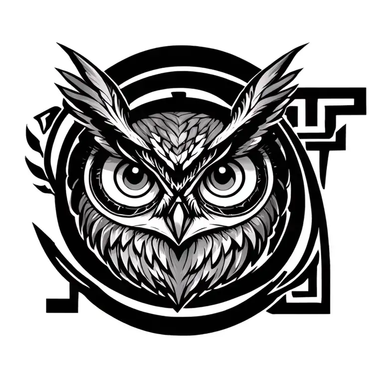 owl with evil eye encircled by greek key symbolizing tattoo design idea