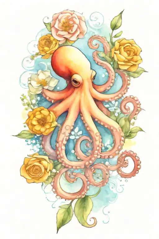 octopus, snowdrop, rose,  marigold flower tattoo design idea