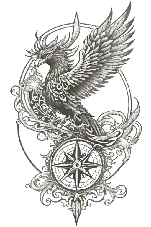 a Phoenix rising from a compass symbolizing new beginnings and direction in life tattoo design idea