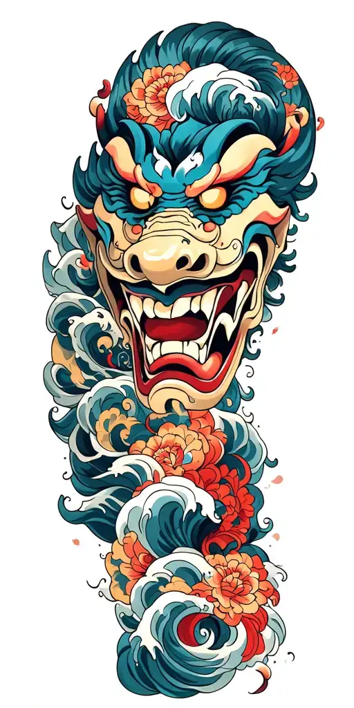 oni demon mask, finger waves crashing tattoo design idea