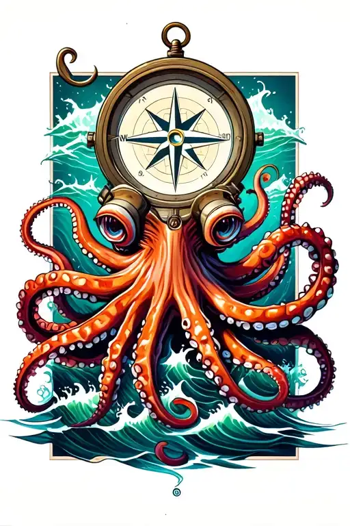 angry kracken octopus in ocean with nautical compass in middle with tentacles out wide with waves tattoo design idea
