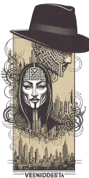 v for vendetta. hat with city skyline in the background with qr code tattoo design idea