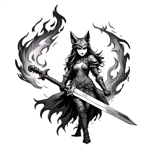 fire princess warrior with flaming sword and fox helmet tattoo design idea