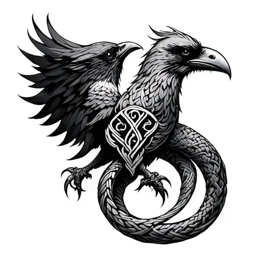 norse, viking, urnes style knotwork, serpent, raven tattoo design idea