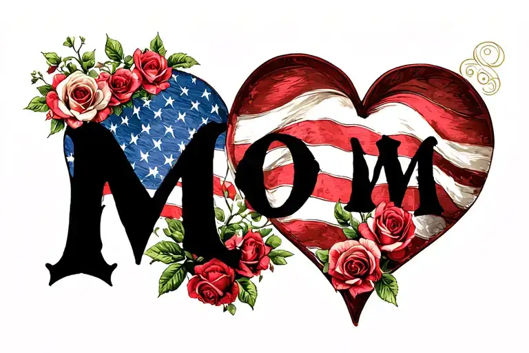 "Mom" american flag heart with roses tattoo design idea