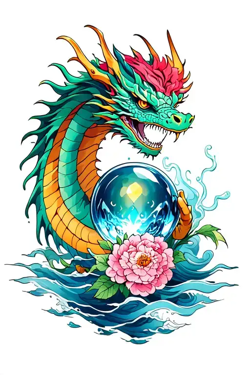 dragon holding crystal ball with peonies and water waves  tattoo design idea