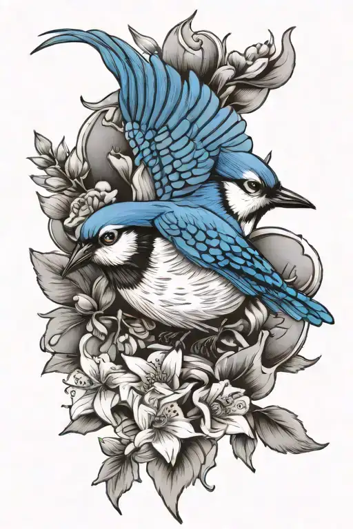 blue jay bird flying, larkspur flower, mountain peak tattoo design idea