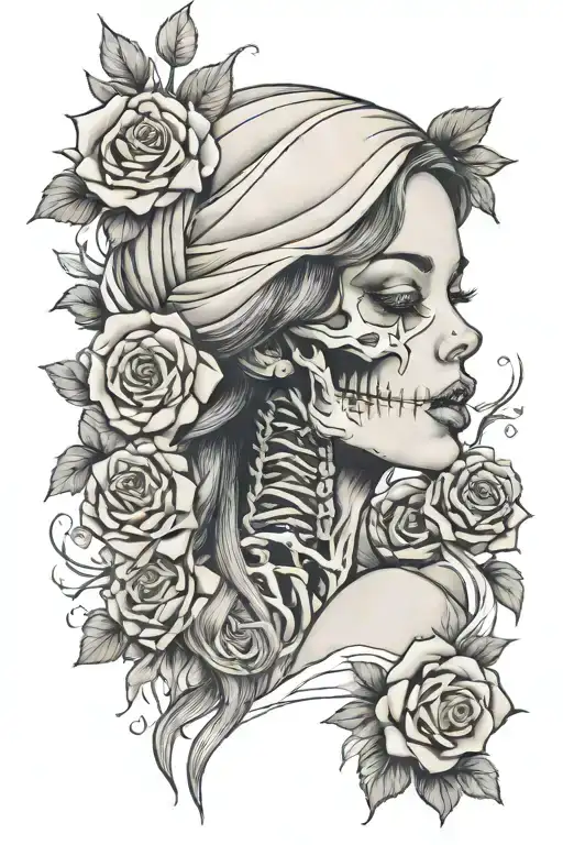 Sleeve tattoo design in neo-traditional style, girl with skeleton jaw and roses tattoo design idea