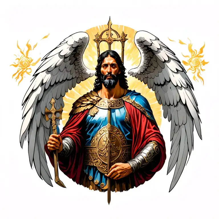 greek god japanese god are looking at a crusader man angel tattoo design idea