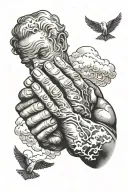 Ethan inside left bicep hands praying with cloud shading tattoo design idea