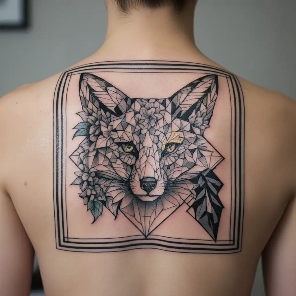 geometry and fox in flowers tattoo design idea