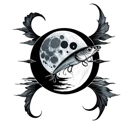 fishing lure and cresent moon phases tattoo design idea