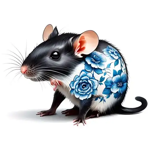 Cute rat with blue and white floral porcelain  design on the body of the rat tattoo design idea